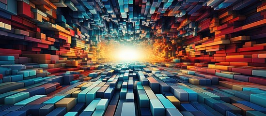 Captivating Digital Pixel Pattern Tunnel of Vibrant Geometric Cubes and Polygons in Futuristic 3D