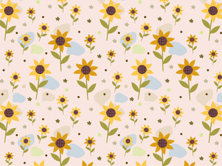 Seamless pattern with sunflowers on black background. Summer autumn flower background.Thanksgiving day. Hand drawn Flat cartoon vector illustration.