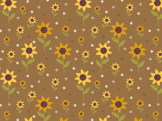 Seamless pattern with sunflowers on black background. Summer autumn flower background.Thanksgiving day. Hand drawn Flat cartoon vector illustration.
