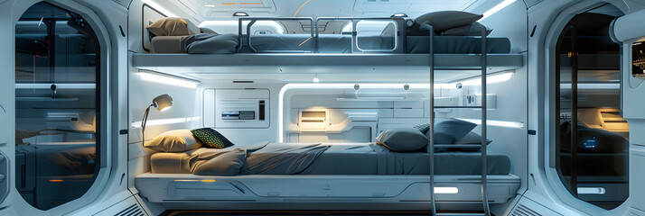 Obraz premium Small spaceship room with bunk bed and kitchen, design of habitat in spacecraft or colony house. Futuristic compartment interior. Concept of space, technology, travel, sci-fi, future