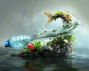A poignant social issue ad depicts a plastic bottle morphing into a sea creature, symbolizing the transformation of marine habitats due to plastic pollution ,