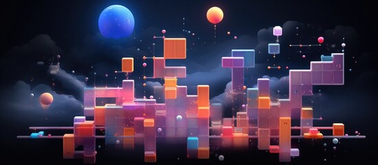 Vibrant Geometric Cityscape with Celestial Backdrop in Neon Hues