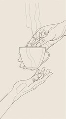 Simplistic line art of hands holding a warm coffee cup, minimalist and modern
