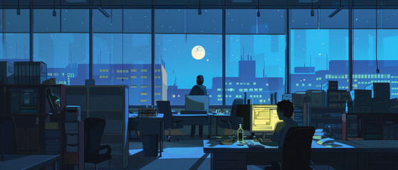 Solitary figure in a sprawling office late at night, deadlines looming