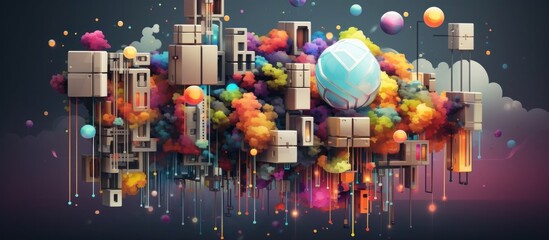 Futuristic Geometric Cityscape with Vibrant Particles and Structures in a Dynamic Digital - obrazy, fototapety, plakaty