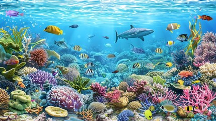 Fototapeta na wymiar Vibrant Underwater Seascape with Tropical Fish and Coral Reefs