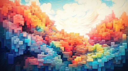 Vibrant Pixelated Dreamscape A Captivating Digital Depicting a Surreal and Colorful Landscape
