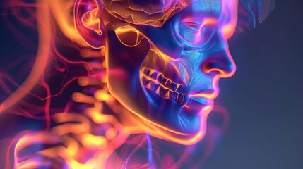 3D rendering of a human skull and brain in blue and orange colors with a glowing effect.