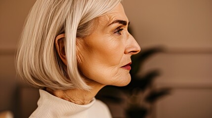 A beautiful old woman with short white hair and brown eyes looking into the distance.
