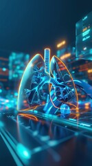 3D rendering of a pair of healthy human lungs with a glowing blue and orange background - obrazy, fototapety, plakaty