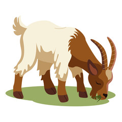 A goat. Grazing in the meadow. Vector drawing of cartoon four-legged character. Domestic animal in crops. Icon, illustration, web design, print.