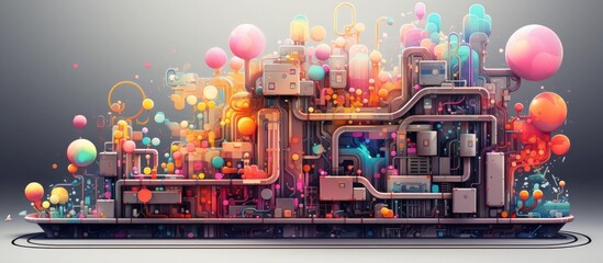 Futuristic Pixelated Metropolis with Interconnected Machinery and Vibrant Colorful Structures - obrazy, fototapety, plakaty