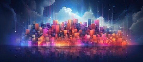Vibrant Pixelated Metropolis Skyline Glowing in Futuristic Neon Lights and Reflections