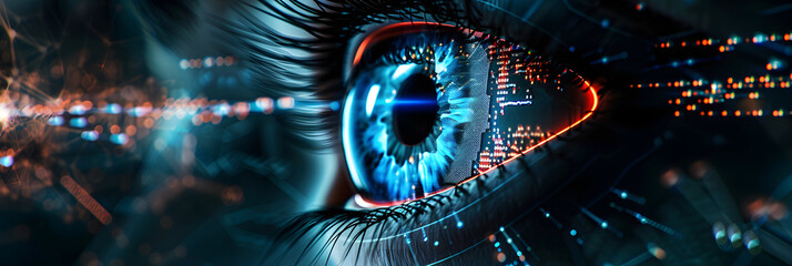 Hacker or AI robot eye in dark tech space, cyborg vision on digital background. Concept of cyber security, technology, future, data, artificial intelligence, hack, network