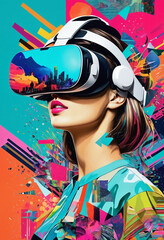 Obraz premium A woman wearing a virtual reality headset with a glitch effect