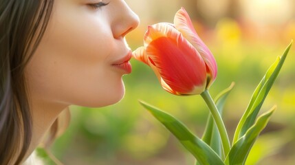 Serene Woman Enjoying Fragrance of a Single Tulip in Bloom