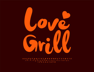 Vector advertising poster Love Grill. Funny handwritten Font. Bright Playful Alphabet Letters and Numbers set.