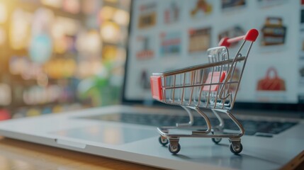 Online shopping concept with miniature shopping cart standing in front of laptop - obrazy, fototapety, plakaty