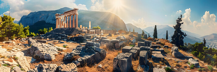 Ancient temple in Greece, view of Greek ruins on mountain and sky background, landscape with old historical building, sun and rocks. Theme of antique, travel and culture - obrazy, fototapety, plakaty
