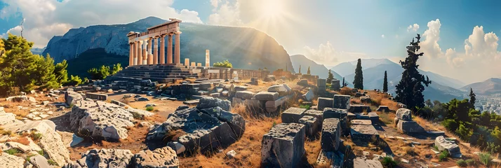 Fototapeten Ancient temple in Greece, view of Greek ruins on mountain and sky background, landscape with old historical building, sun and rocks. Theme of antique, travel and culture © john