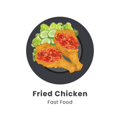 Hand drawn vector illustration of crispy fried chicken on plate
