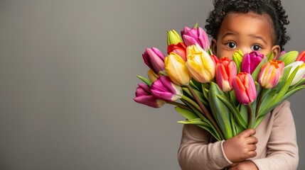Child with a Bouquet of Colorful Tulips - Springtime Freshness