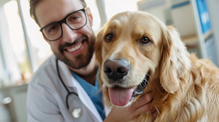 Portrait of a Young Veterinarian in Glasses Petting a Noble Healthy Golden Retriever Pet in a...