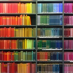 Rows of multicolored library books on shelves