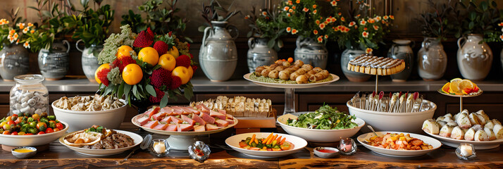 A luxurious buffet spread showcasing a variety of delicious dishes and decorative accents