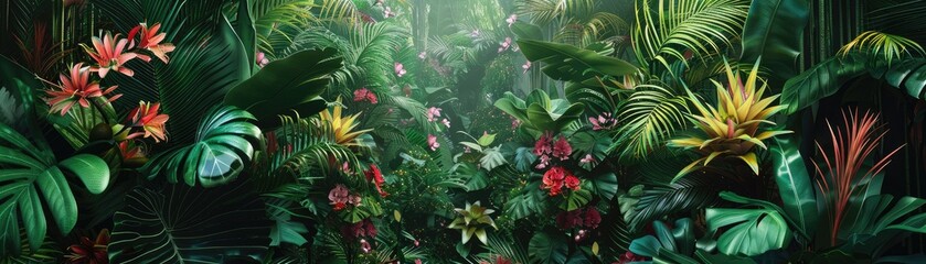 Lush tropical rainforest with bright exotic flowers - obrazy, fototapety, plakaty