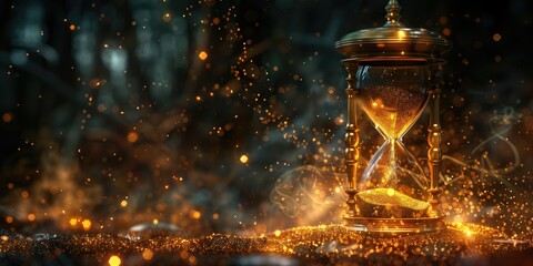 Abstract Conceptual Photography of Hourglass with Sand and Bokeh Lights, Stylized Hourglass Amidst Ethereal Light Particles, Enigmatic Atmosphere