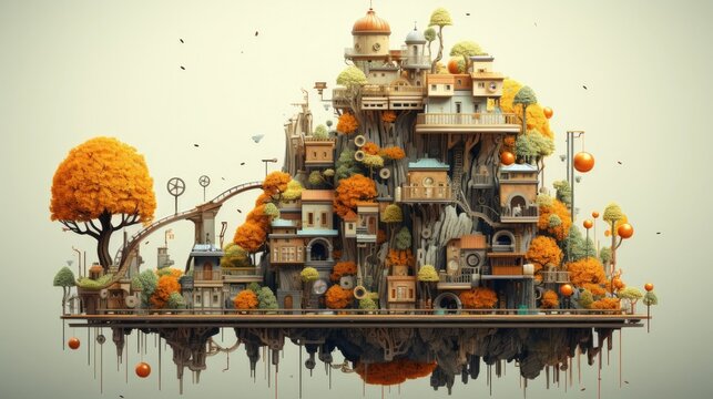 Whimsical Floating Pixel Art Town with Surreal Organic Structures and Colorful Landscape