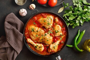 Georgian chicken stew with tomatoes and herbs. Top view, flat lay - obrazy, fototapety, plakaty