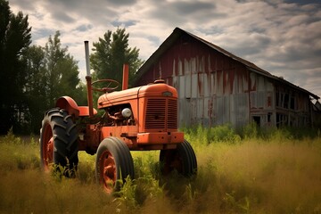 Old red tractor on the field in front of an old farm house