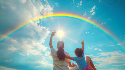Fototapeta na wymiar Joyful Mother and Child Reaching for Sun under Rainbow, Family Bliss