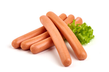 Boiled sausages with lettuce, isolated on white background.