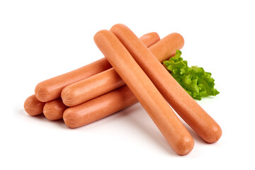 Boiled sausages with lettuce, isolated on white background.