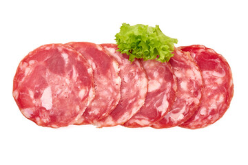 Dry cured ham sausage, isolated on white background.