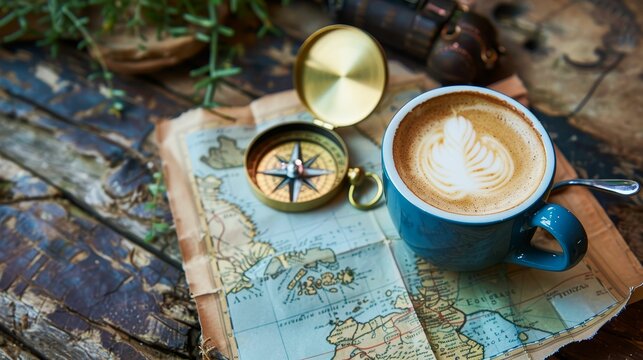 Adventurethemed coffee setup, map and compass, wanderlust inspiration