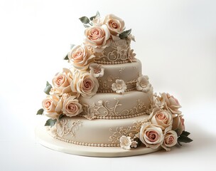 Elegant tiered wedding cake adorned with delicate sugar roses, ideal for bridal magazines, cake decorating tutorials, and wedding planner portfolios image