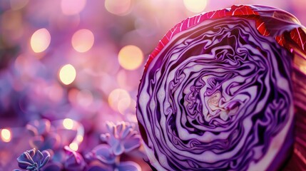 A stunning close-up of a red cabbage set against a shiny, sparkling background. The vibrant purple and maroon hues of the cabbage contrast beautifully with the metallic - obrazy, fototapety, plakaty