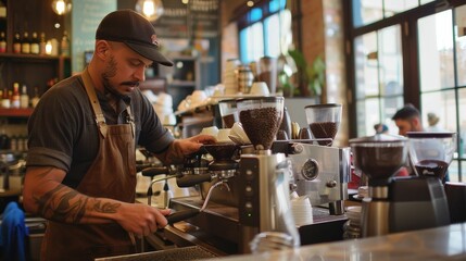 Barista in action at a busy urban coffee shop, capturing the craft and care