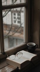 Book, glasses, and black coffee on a rainy window sill, moody atmosphere