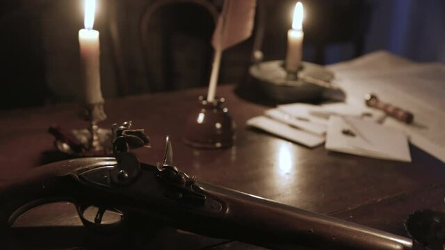 18th century scene tilts from candles to flintlock pistol