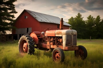 Old farm tractor with red barn in the background