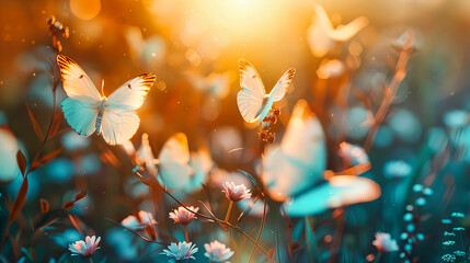 Soft Focus on a Butterfly in a Blooming Garden, Bright Colors and Light Creating a Dreamy Effect