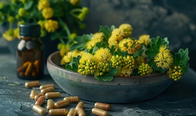 Enhance stamina with Rhodiola rosea, A vibrant composition spotlighting botanical beauty or herbal supplement potency, accentuated by lighting and props