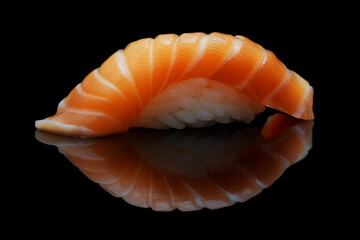 close up of Salmon sushi isolated on black background
