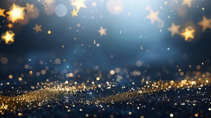 A beautiful background featuring shiny golden sparkles set against a dark canvas. The sparkles vary in size and intensity, giving the scene a dynamic - obrazy, fototapety, plakaty