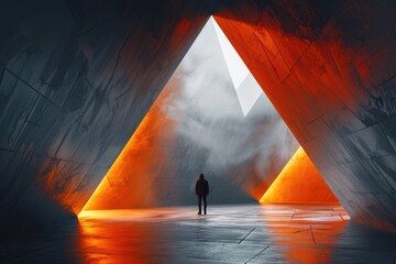 Dramatic red hues highlight a geometric triangle as a lone observer stands before it, captivated by the scene - 784580744